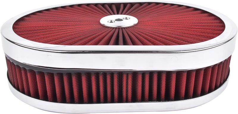 TEKKOAUTO 12" x 2'' Oval Super Flow Thru Air Cleaner with Washable Red Element Chrome Trim for 5-1/8" Carb Neck - Image 2